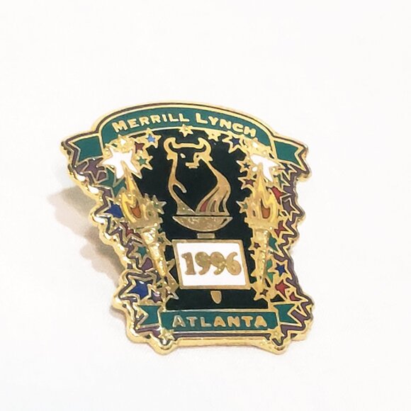Atlanta Olympic Games 1996 Merrill Lynch Bull Stars Flame Lapel Pin 1.5" - Picture 1 of 5